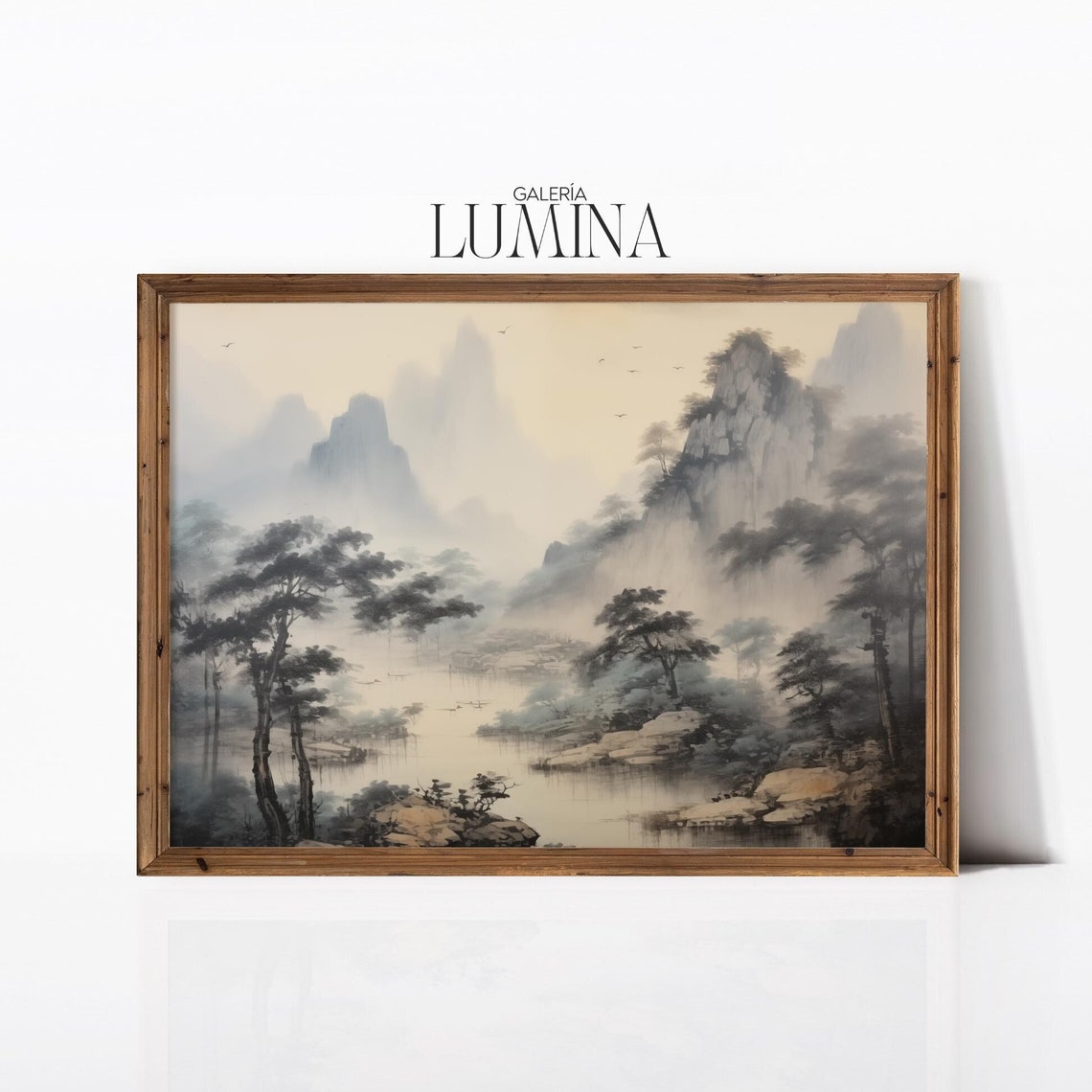 Chinese Ink Wash Mountain Lake Misty Peaks Pine Trees Landscape Poster