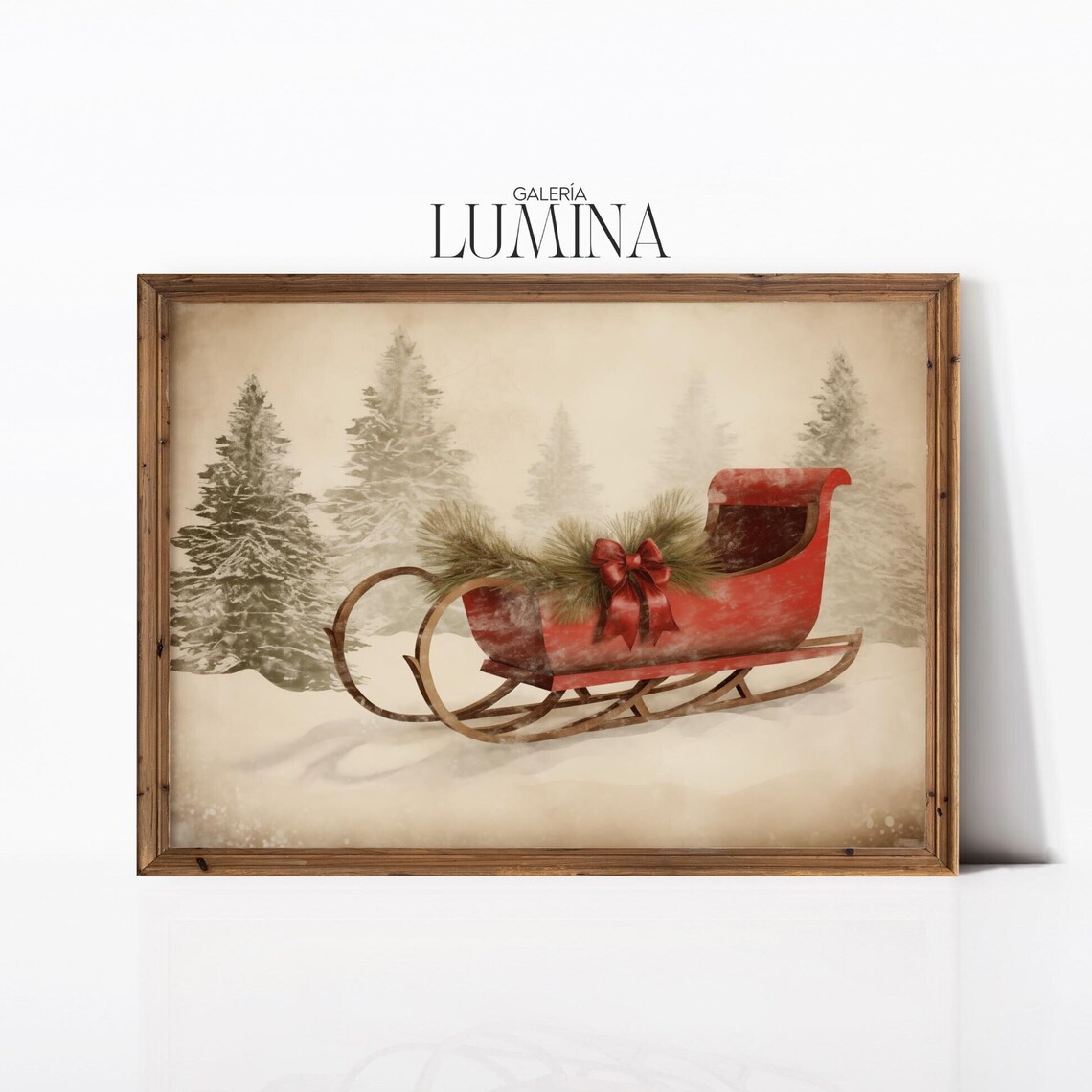 Red Christmas Sleigh With Pine Garland in a Snowy Forest Poster