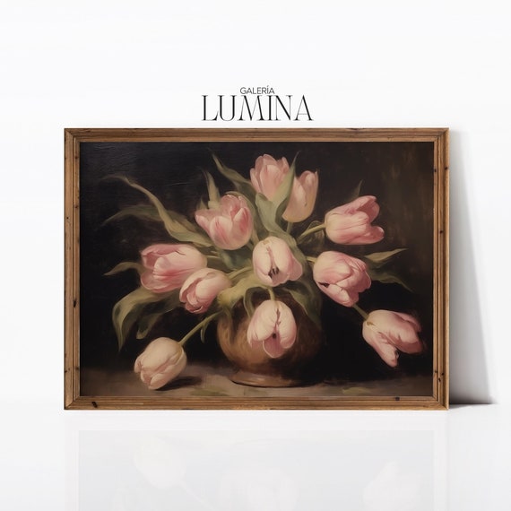 Vintage Pink Tulips, Oil Painting Art Print