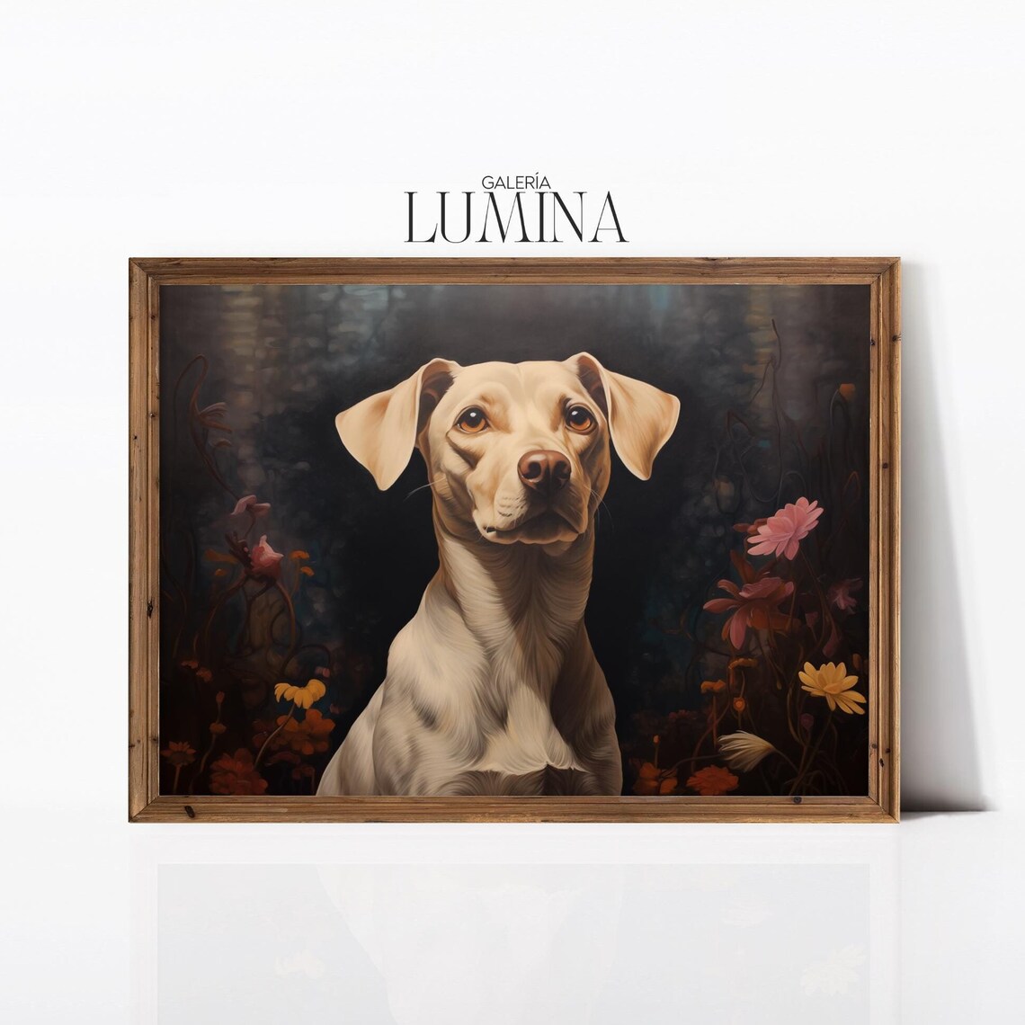Cream White Dog Portrait With Dark Moody Floral Background Poster