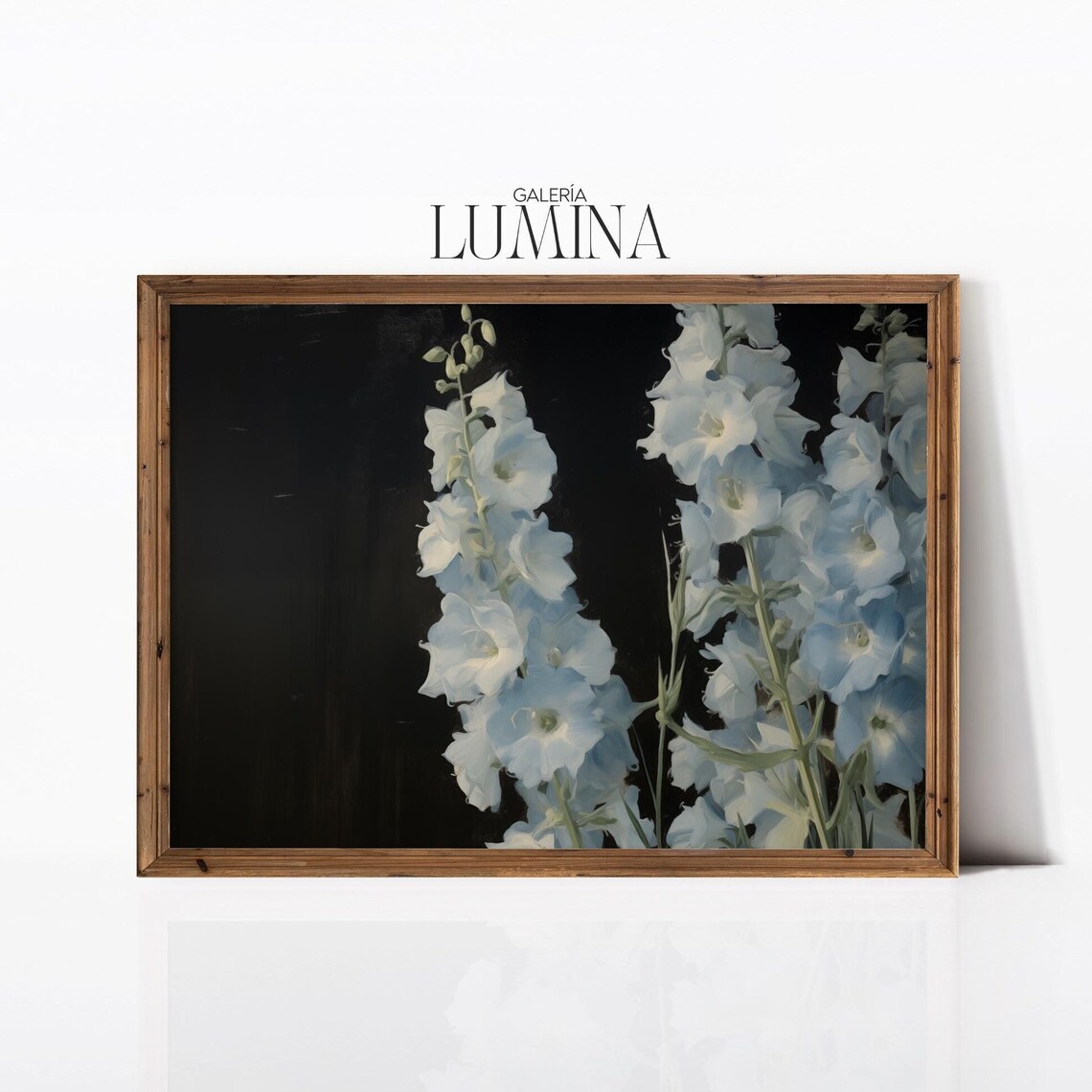 Pale Blue Delphinium Flowers on Black Moody Botanical Art Poster