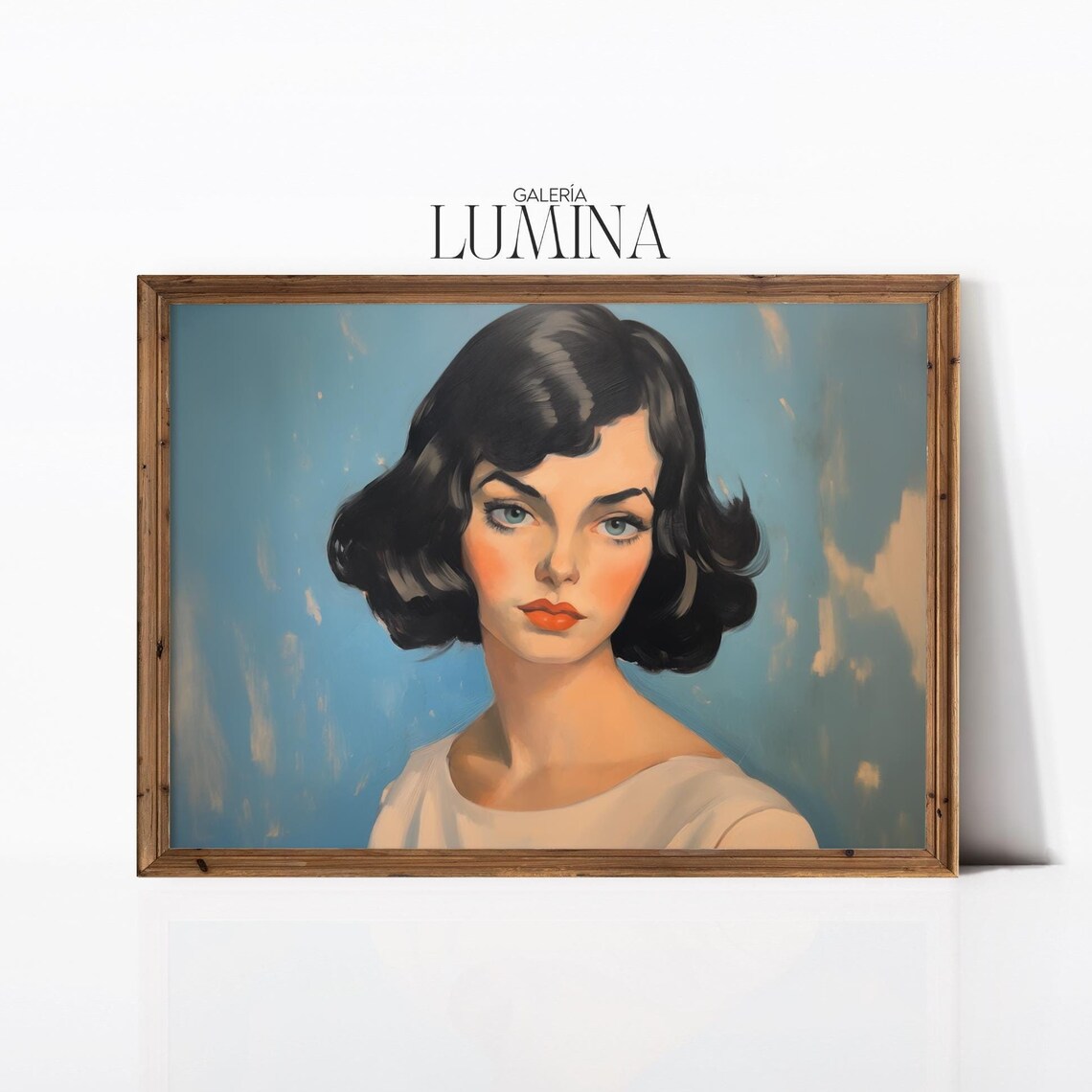 Retro Woman Portrait Vintage 1950s Style Dark Bob Red Lips Painting Poster