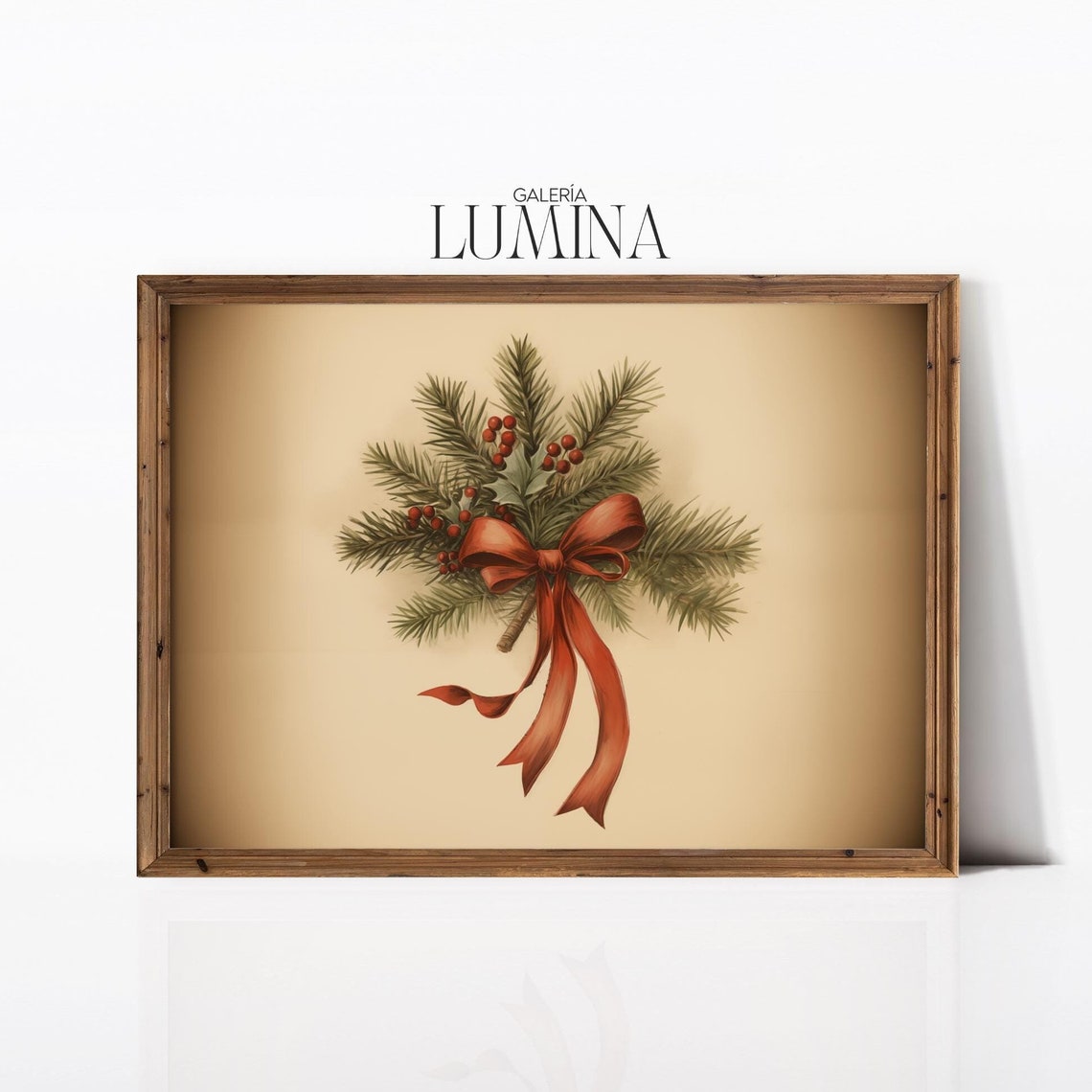 Pine Bough Bouquet With Red Ribbon Vintage Christmas Botanical Poster