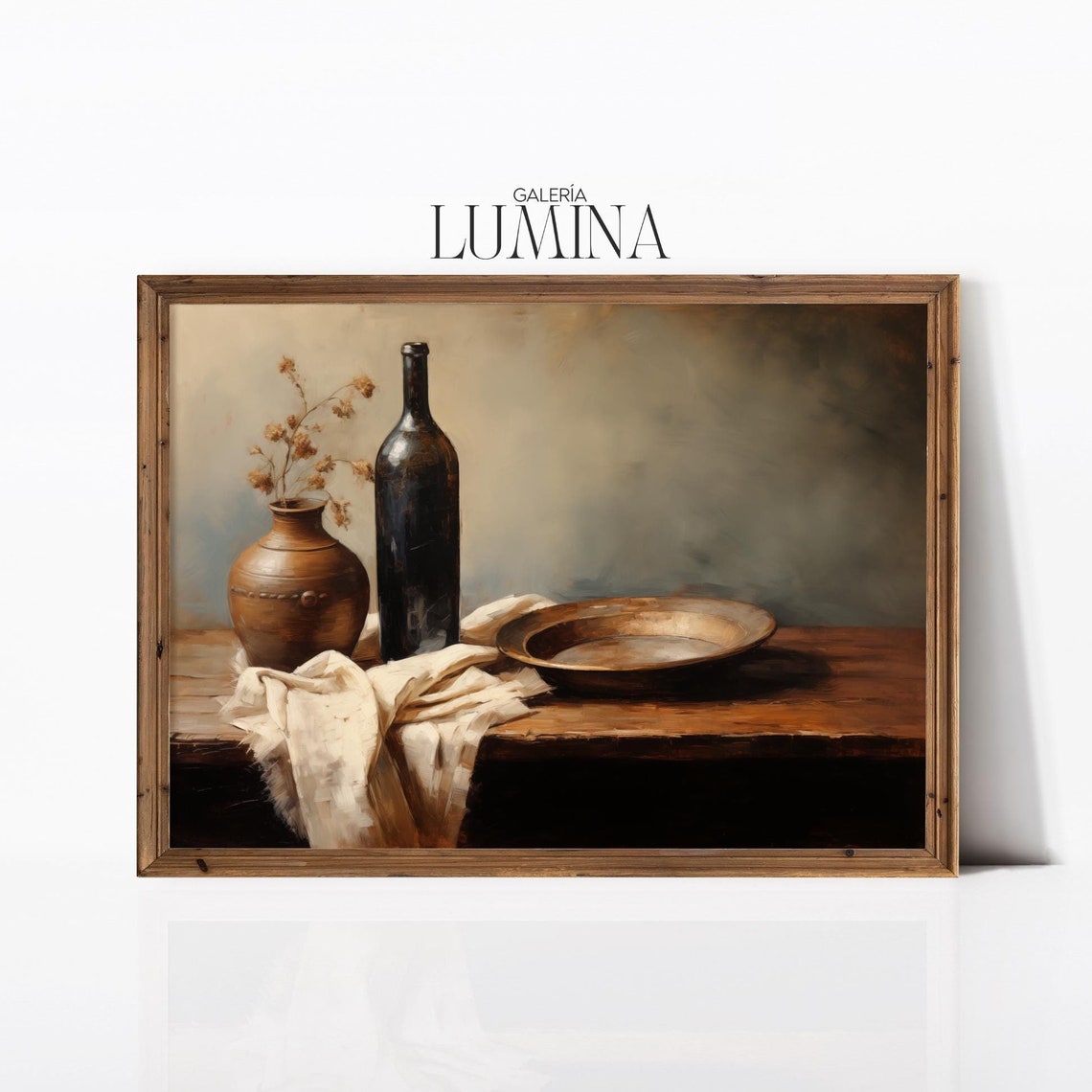 Rustic Still Life Dark Bottle Earthenware Vase Wooden Table Oil Poster