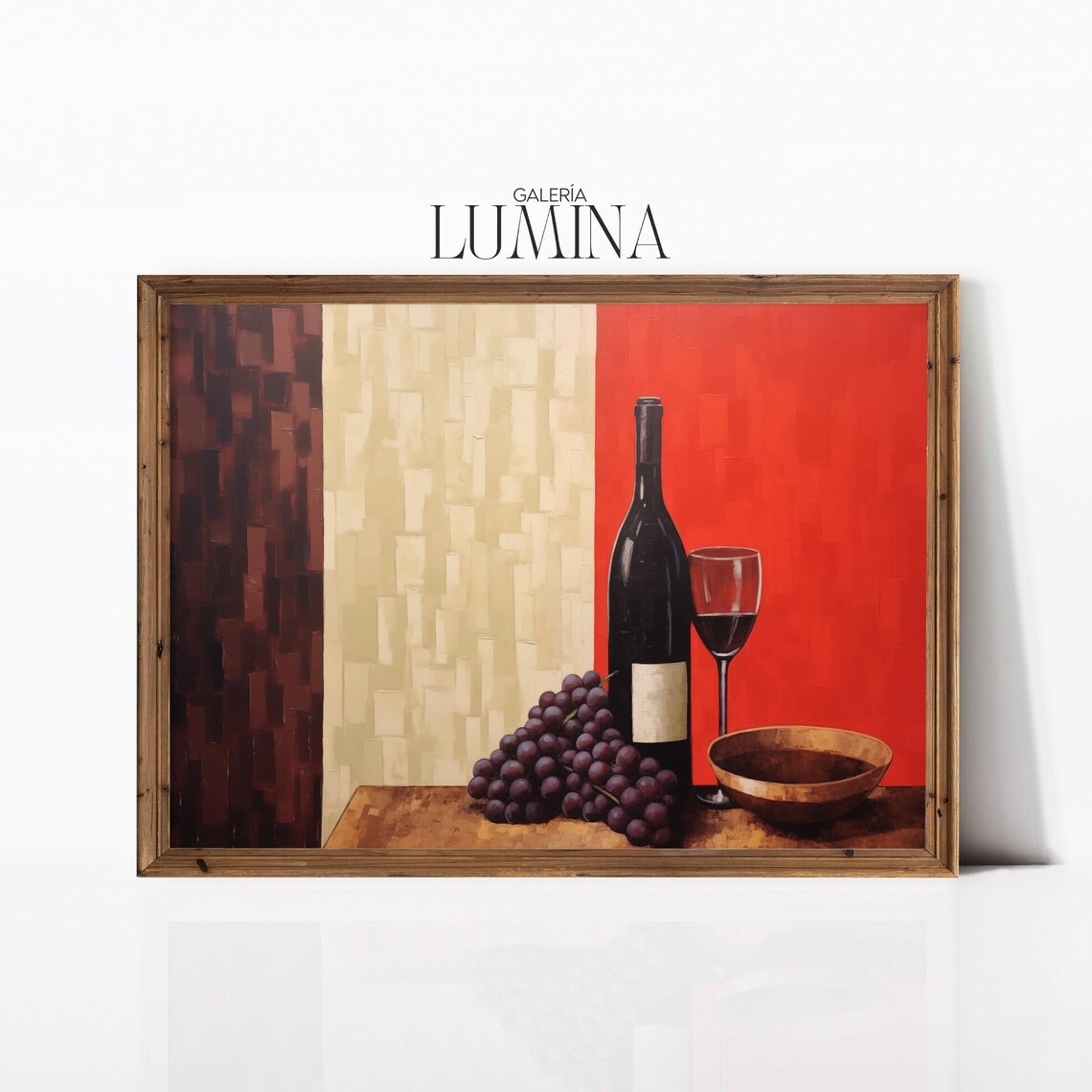 Red Wine Bottle Grapes and Glass Tricolor Background Still Life Poster
