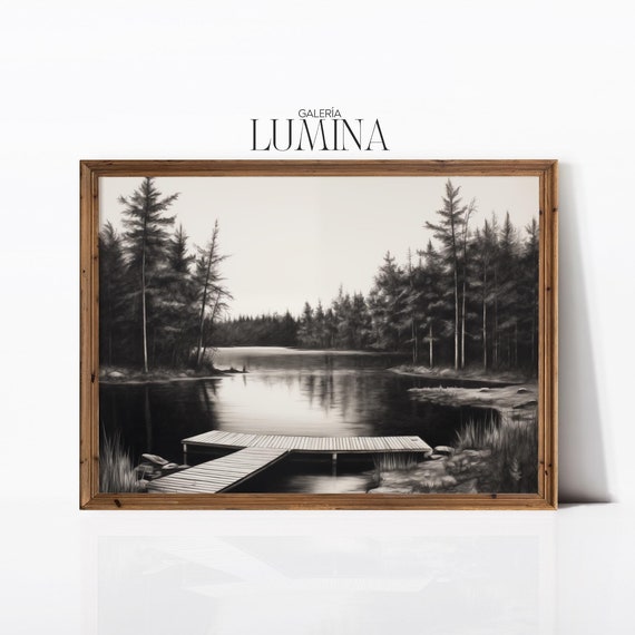Serene Pond Dock Realistic Charcoal Drawing Black And White Lakeside Landscape Scenery Drawing Art Frame Tv Art 601