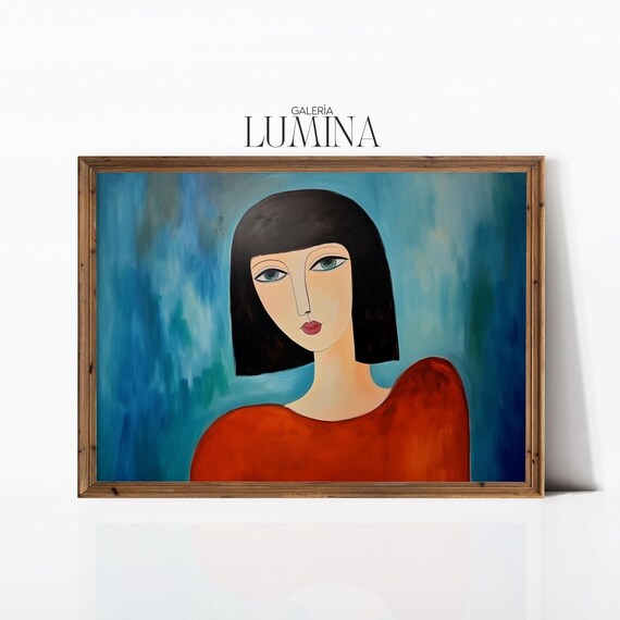 Modern Woman Portrait Bob Haircut Red Top Blue Background Painting Poster