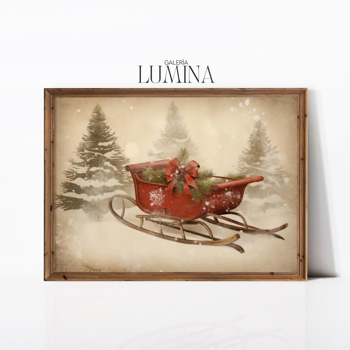 Vintage Red Christmas Sleigh with Bow in Snowy Forest Holiday Poster