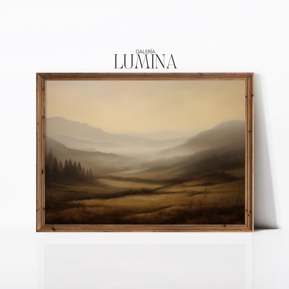Foggy Valley Oil Painting Muted Earth Tones Landscape Painting Moody Atmosphere Rustic Scenery Print Art Frame Tv Art 749