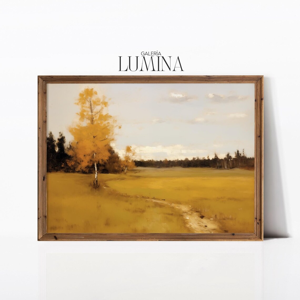 Golden Autumn Birch Meadow Muted Landscape Oil Painting Poster