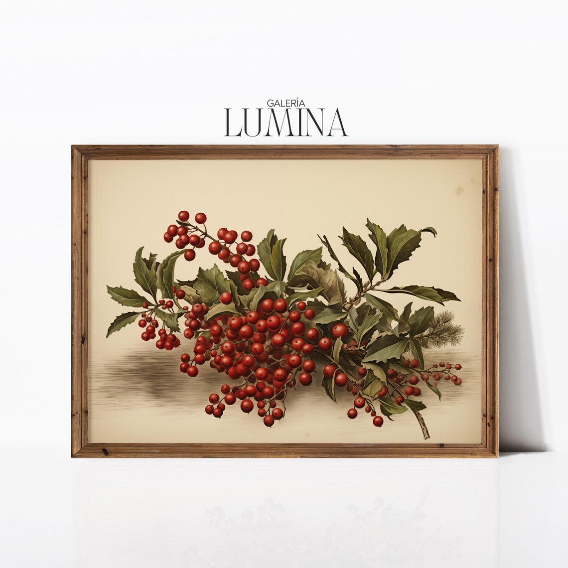 Red Winter Berries Branch Vintage Botanical Holiday Christmas Poster