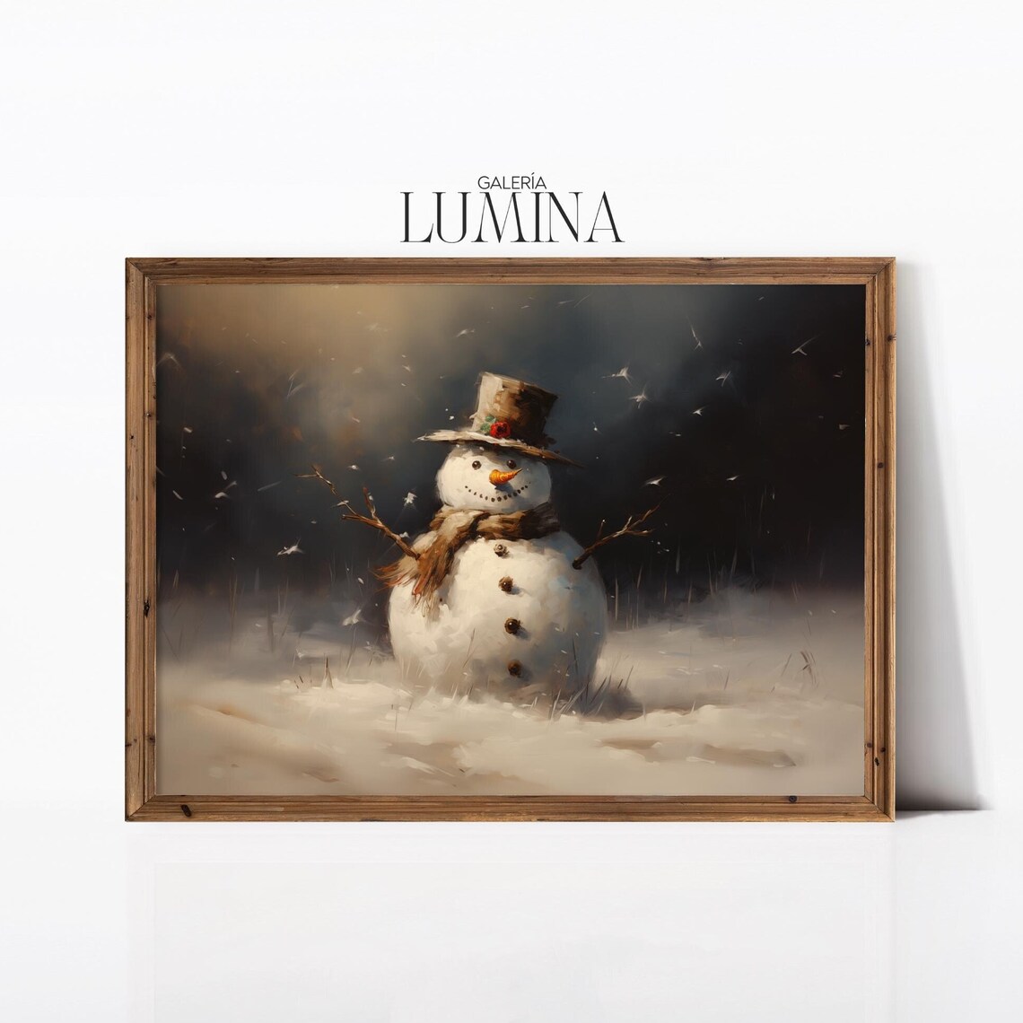 Moody Snowman at Dusk With Tall Hat Vintage Night Winter Scene Poster