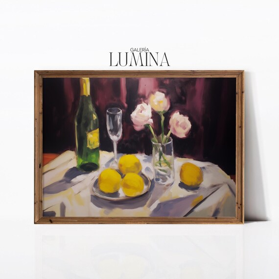 Lemons and Wine Bottle Impressionist Still Life Kitchen Poster