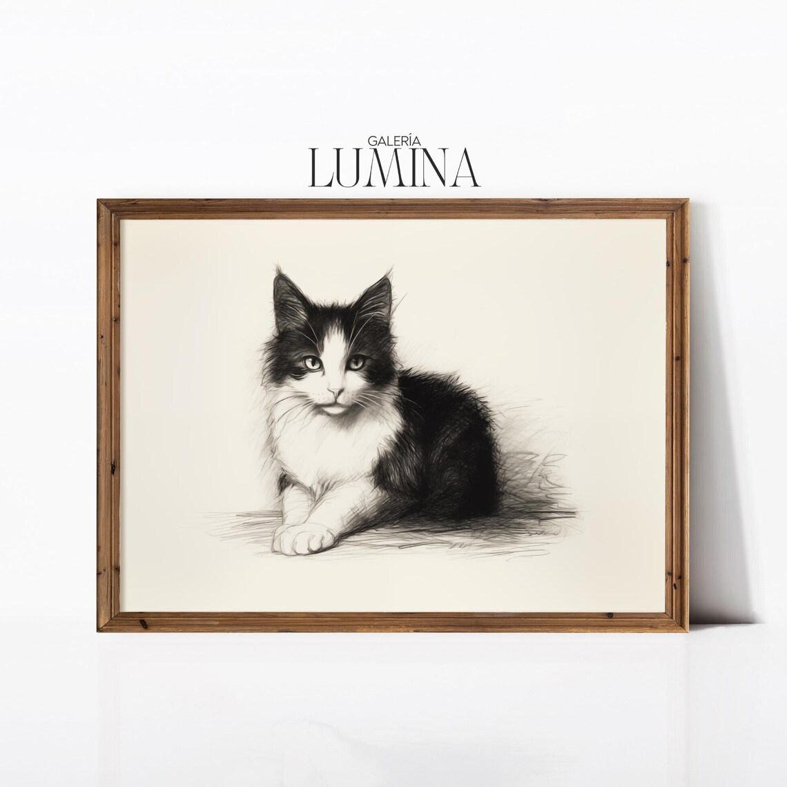 Black and White Cat Portrait Minimalist Sketch Drawing Animal Poster