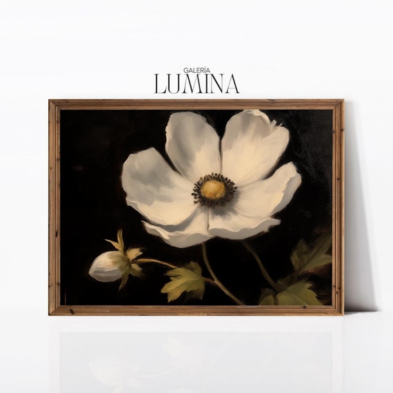White Anemone Original Oil Painting Dark Moody Botanical Art Antique White Flower Still Life Painting Art Frame Tv Art 697