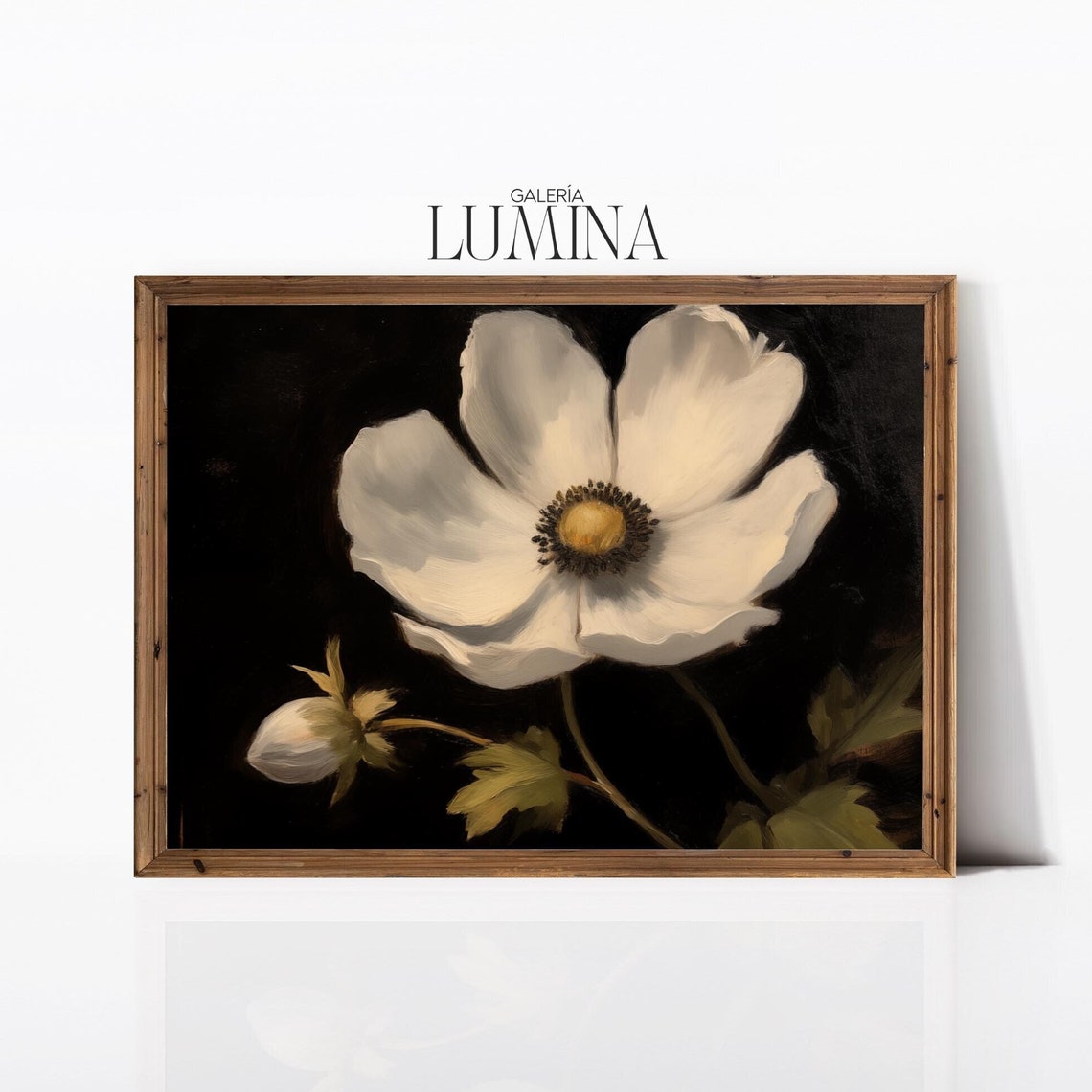 White Anemone with Bud on Black Dark Floral Oil Painting Poster