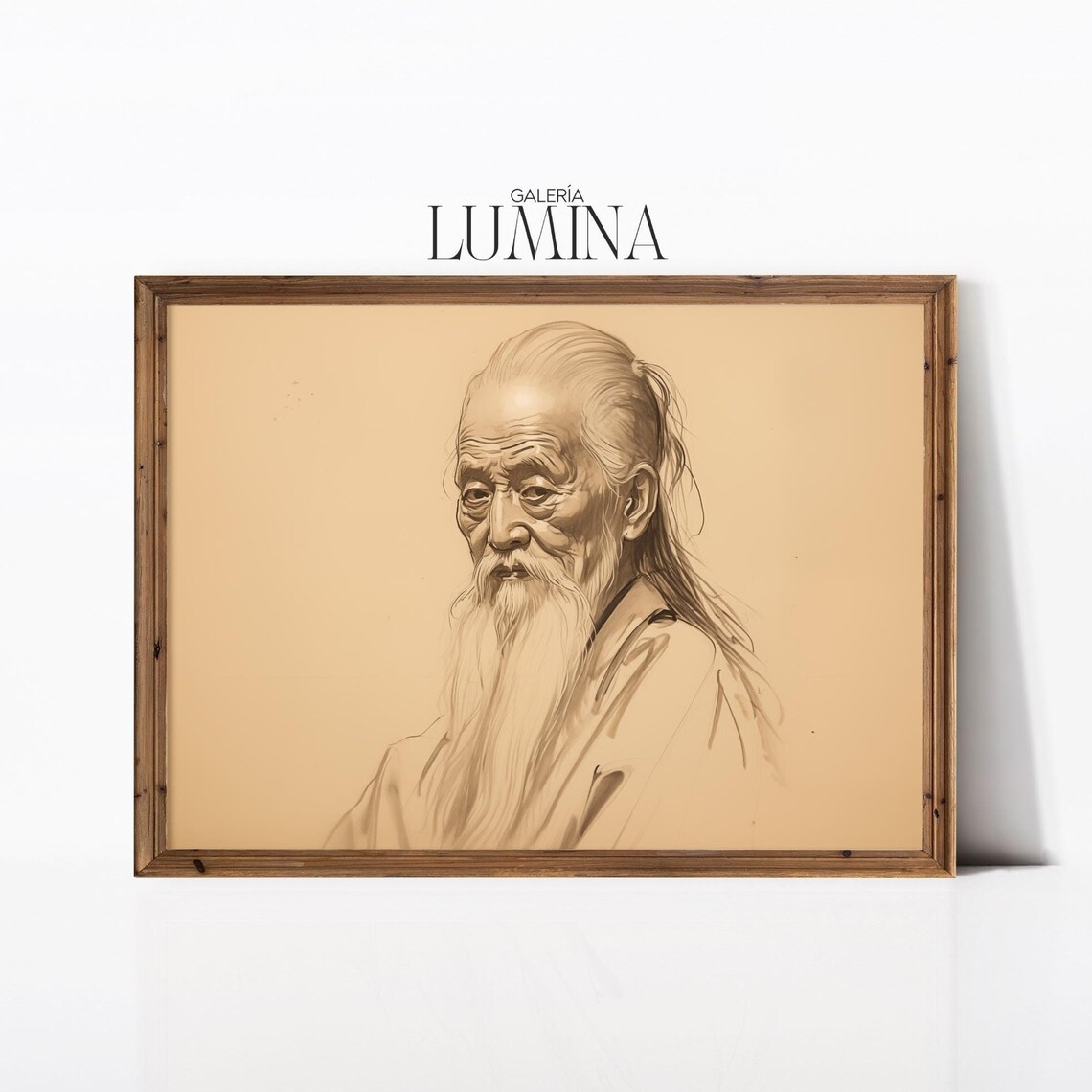 Wise Elderly Asian Sage Portrait Drawing Long Beard Sketch Art Poster