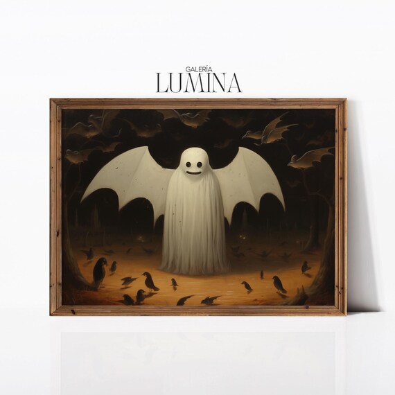 Cute Ghost with Bats Whimsical Halloween Night Painting Poster