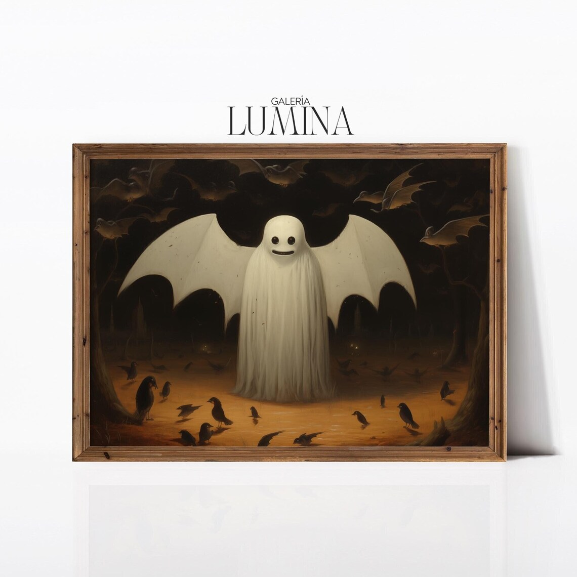 Cute Ghost with Bats Whimsical Halloween Night Painting Poster