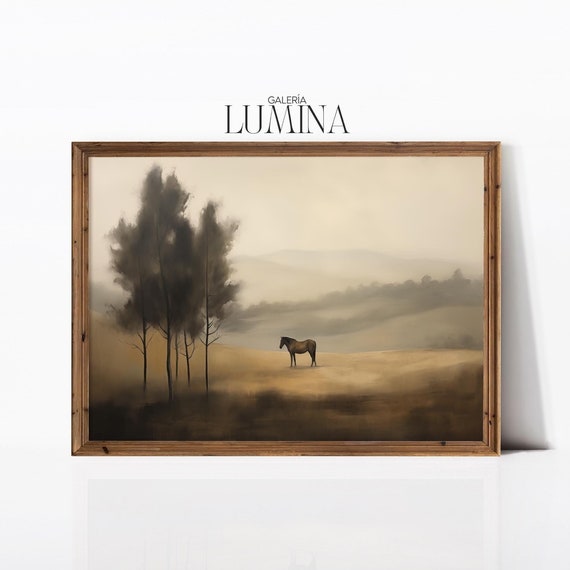 Horse In Distance Countryside Painting Moody Landscape Wall Art Serene Nature Rustic Farmhouse Decor Art Frame Tv Art 604