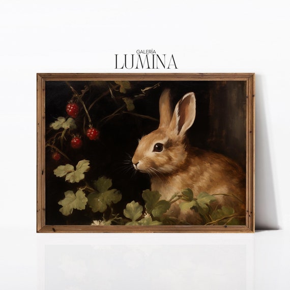 Cute Brown Bunny Oil Painting, Rustic Nursery Art Print