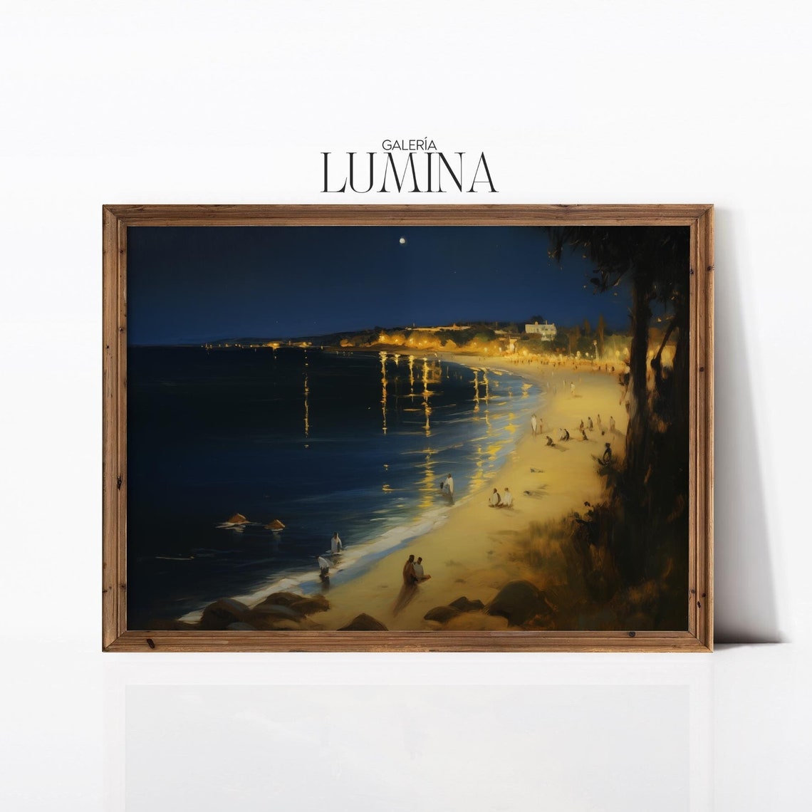 Moonlit Beach at Night Glowing Town Lights Figures on Shore Poster