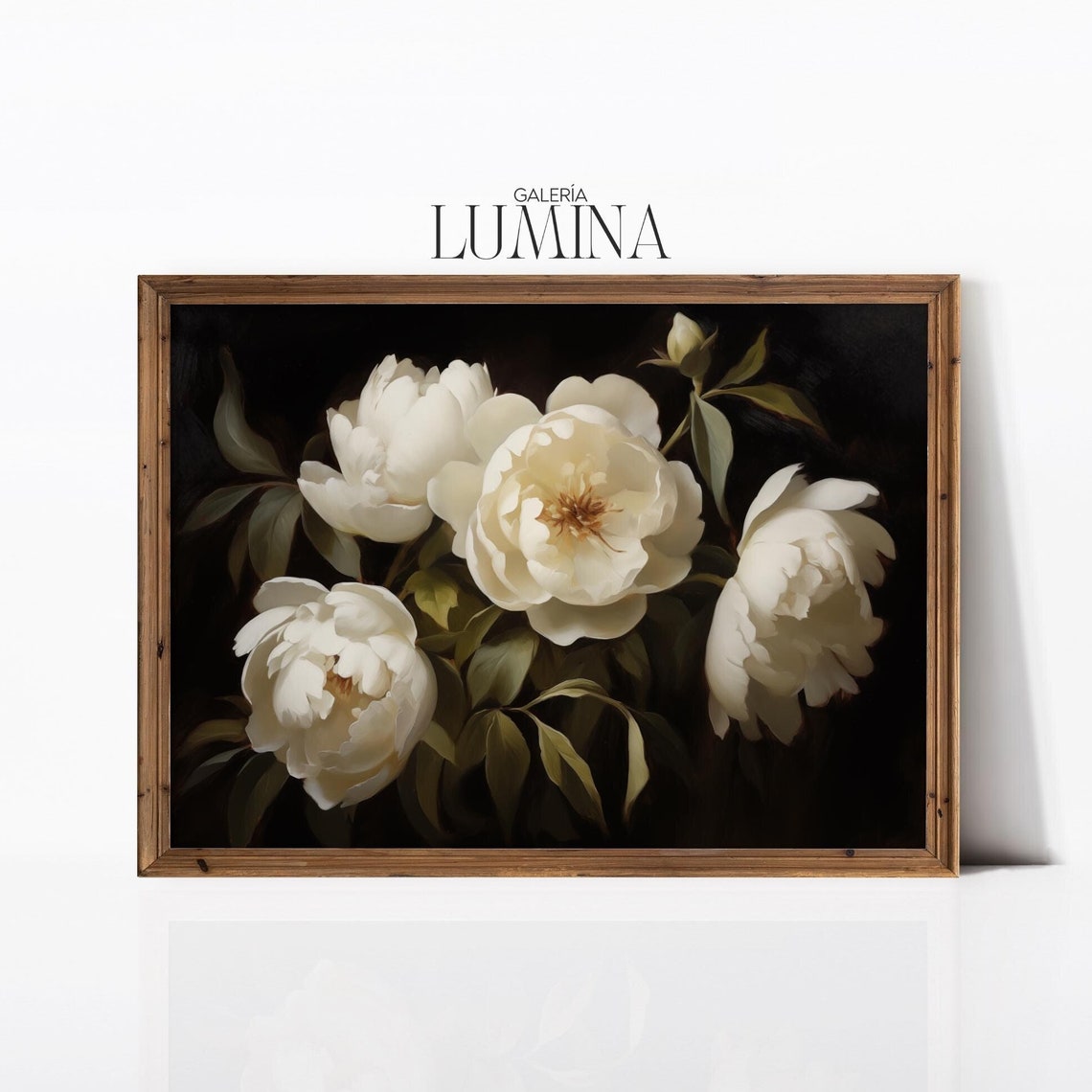 Moody White Peonies Oil Painting Peony Flowers Still Life Painting Dark Background Botanical Print Art Frame Tv Art 757