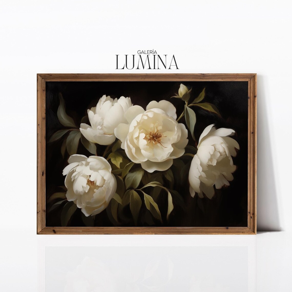 White Peonies on Dark Background Moody Botanical Oil Painting Poster