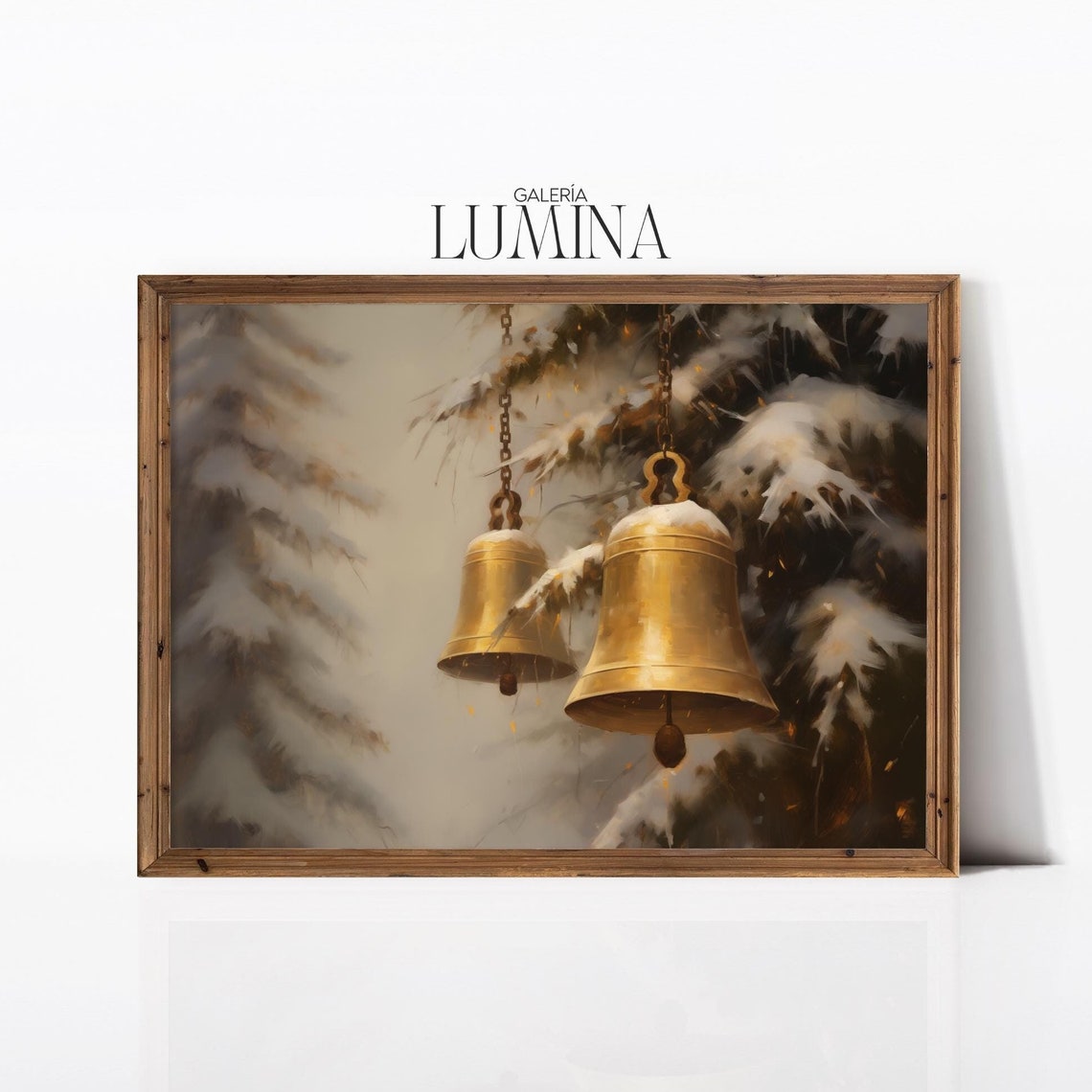 Two Brass Bells on Chains Hanging From Snowy Pine Branches Poster