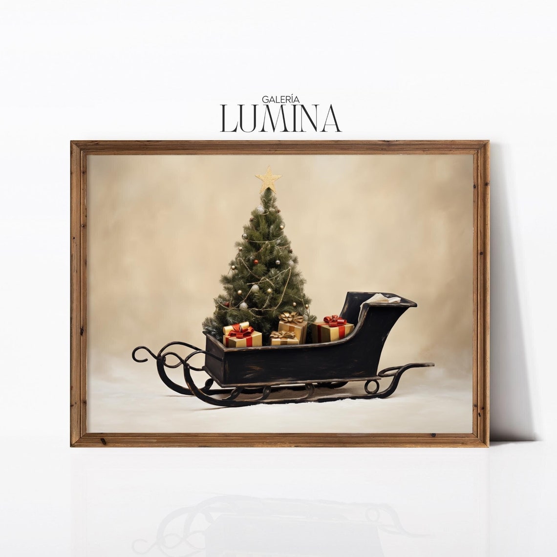 Black Sleigh With Star-Topped Christmas Tree and Gift Boxes Poster