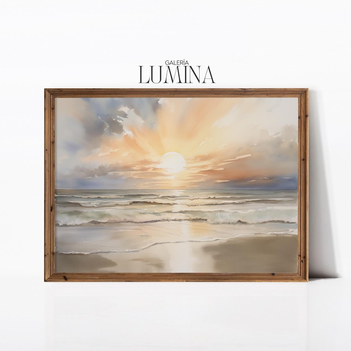 Golden Ocean Sunset with Sun Rays Over Waves Watercolor Poster