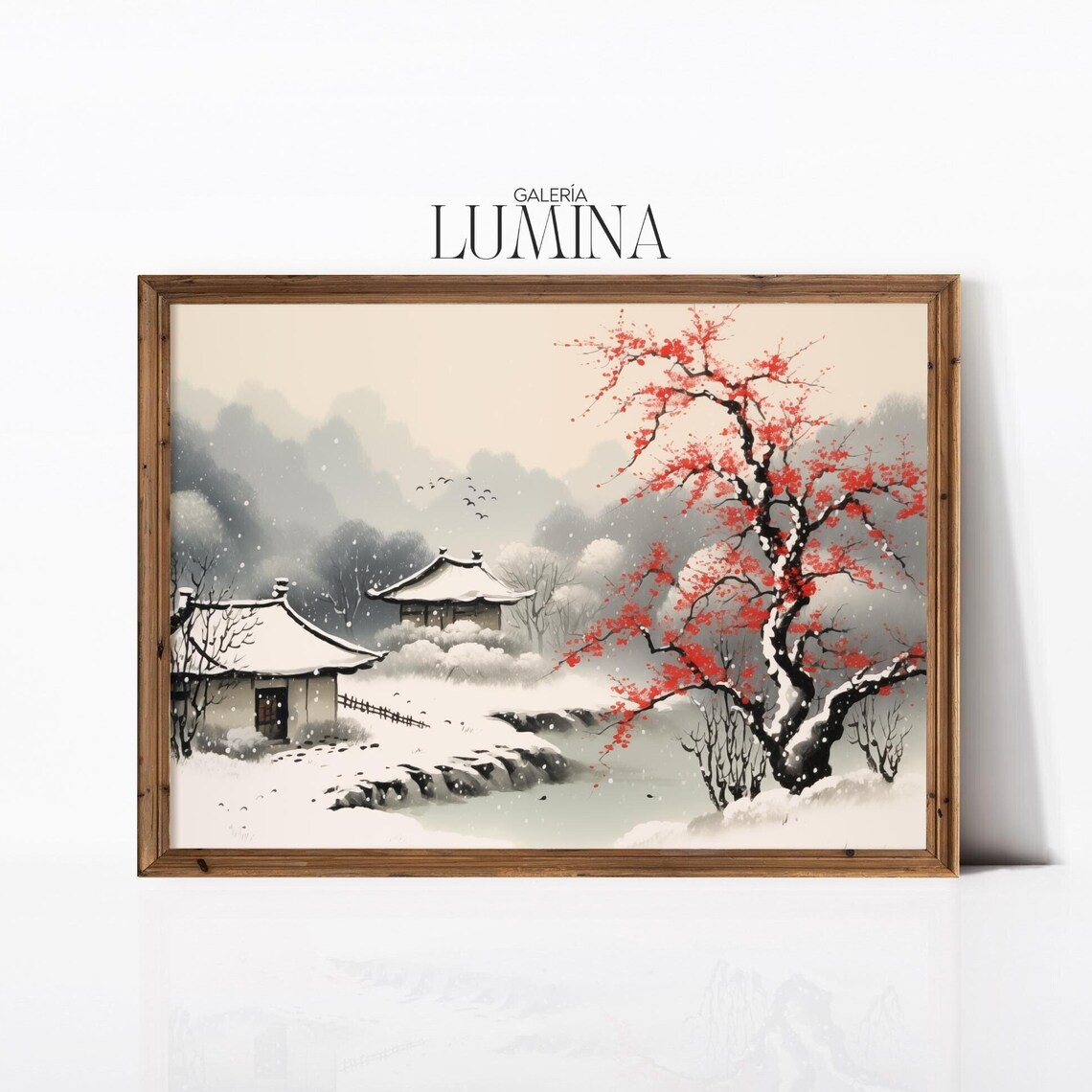 Snowy Asian Village with Red Plum Tree Ink Wash Winter Poster