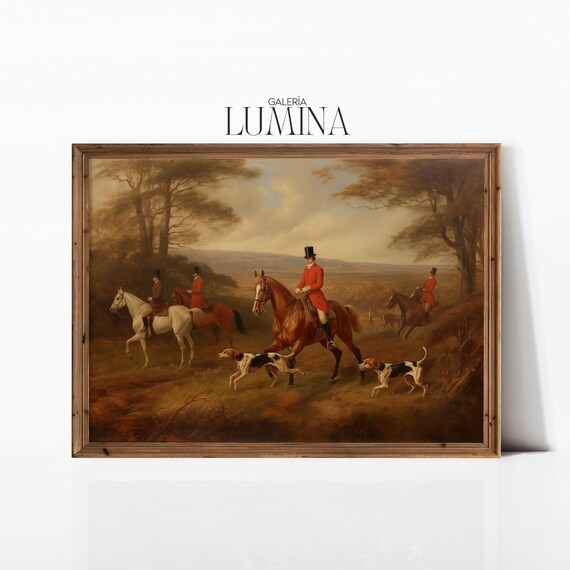 Antique Fox Hunt Equestrian Painting, Victorian Landscape
