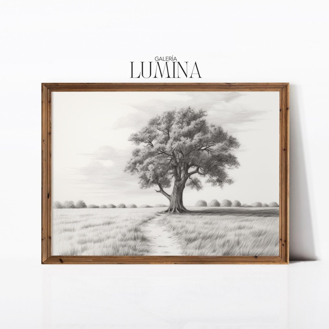 Lone Oak Tree Graphite Drawing Monochrome Field Sketch Poster