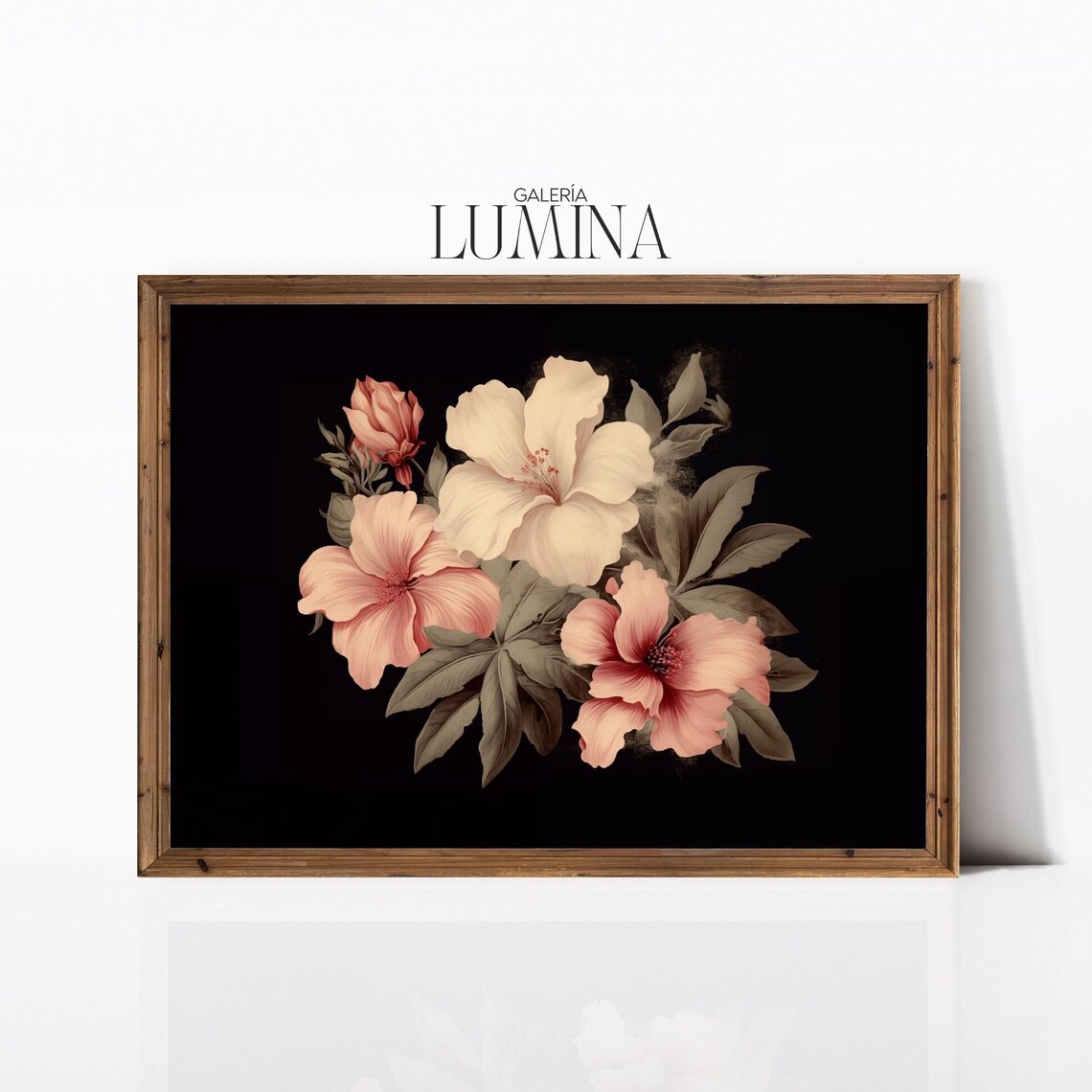 Hibiscus Flowers on Black Vintage Botanical Floral Wall Poster