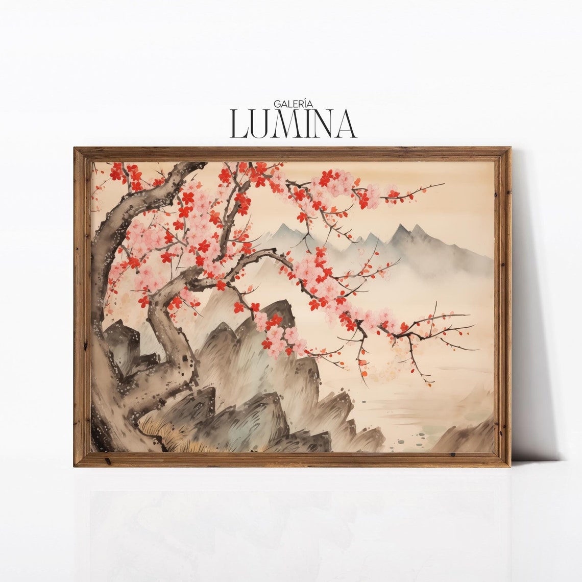 Japanese Cherry Blossom Tree Mountain Ink Painting Asian Poster