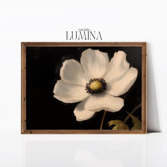 White Anemone Original Oil Painting Dark Moody Botanical Art Antique White Flower Still Life Painting Art Frame Tv Art 680