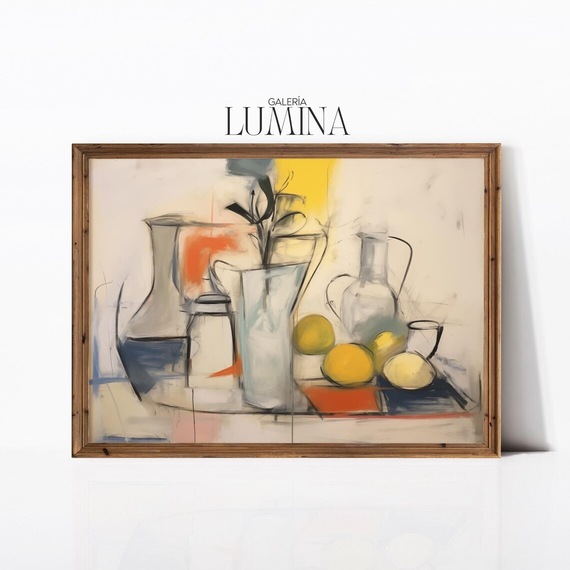 Abstract Still Life Oil Painting Modern Fruit And Vase Artwork Contemporary Lemon And Glass Print Art Frame Tv Art 797