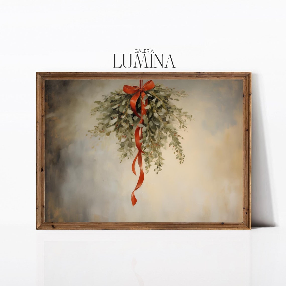 Hanging Mistletoe With a Long Red Ribbon Rustic Christmas Poster