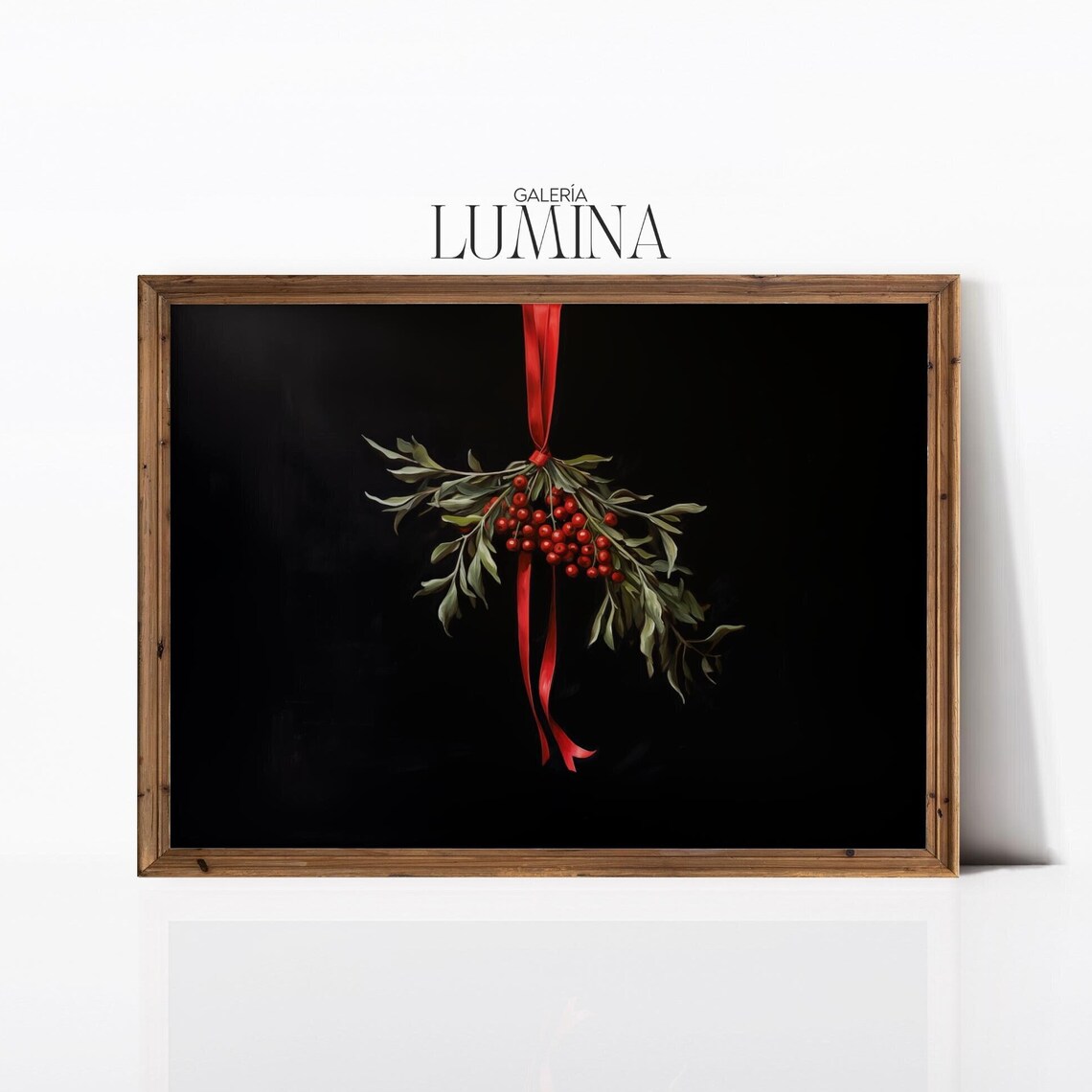 Hanging Christmas Mistletoe Bouquet with Red Ribbon on Black Poster