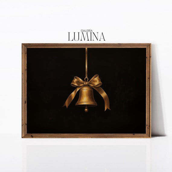 Vintage Gold Christmas Bell Painting Minimalist Golden Jingle Bell Art Print Moody Seasonal Painting Art Frame Tv Art 727