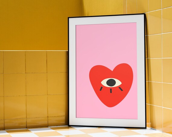 Funky Heart Print Girly Pink Home Decor Cute Eclectic Wall Art Evil Eye Poster Print Groovy Vintage Style Red Love Dorm Room Decor