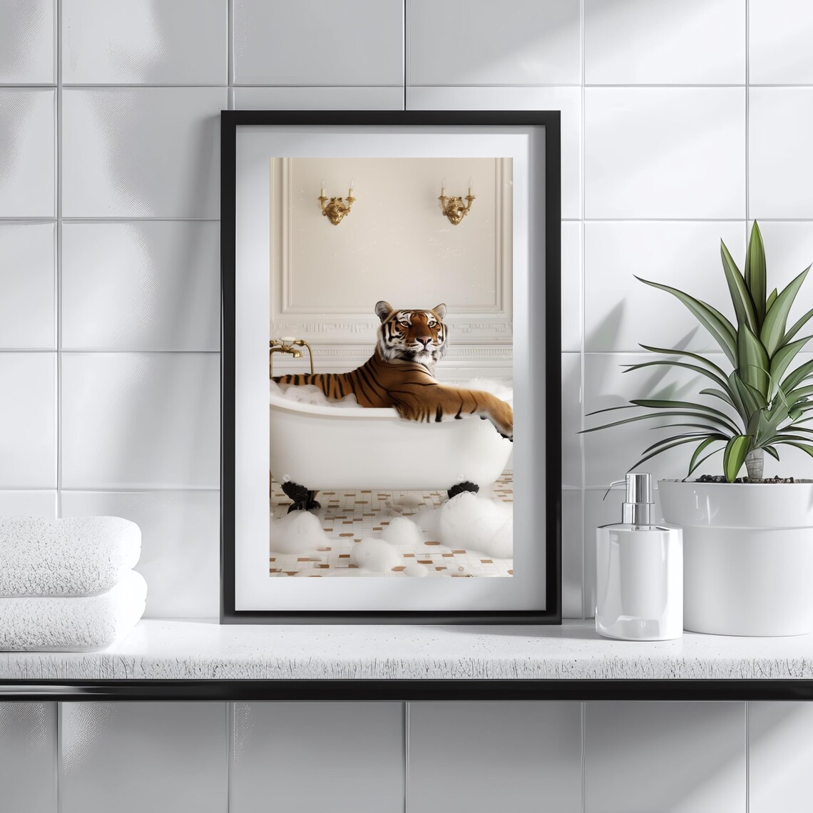 Tiger In Bathtub Poster Funny Elegant Bathroom Animal Photo Cute Tiger Bath Art - Image 3