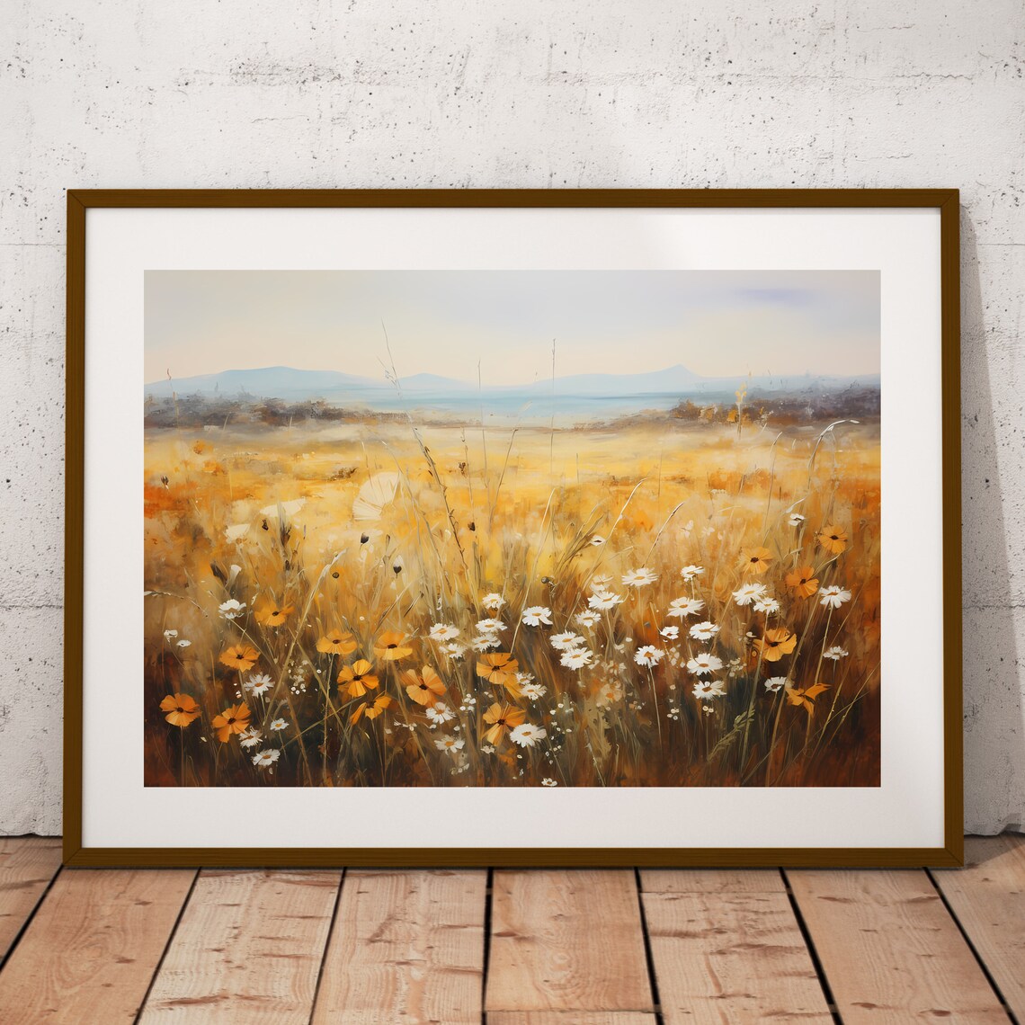 Golden Autumn Wildflower Meadow Mountain Landscape Oil Poster - Image 3