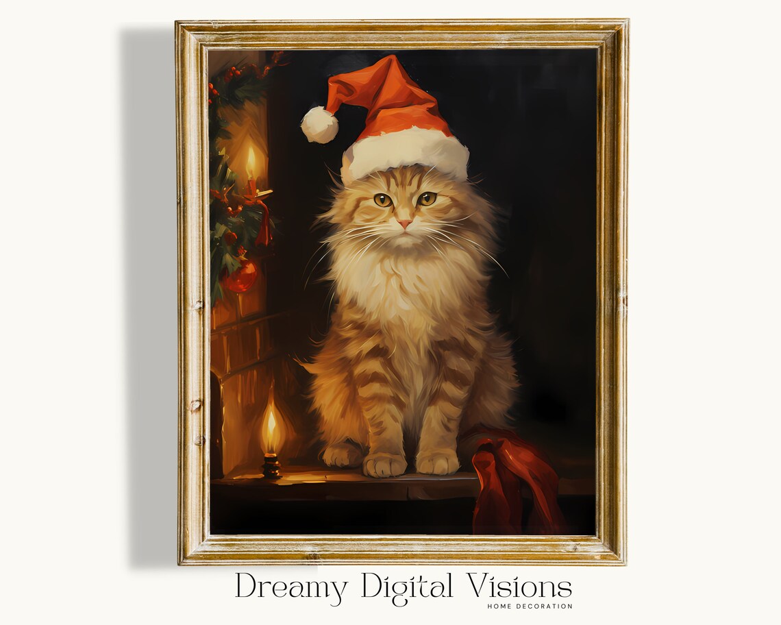 Christmas Cat Santa Hat Vintage Oil Painting Candlelight Poster