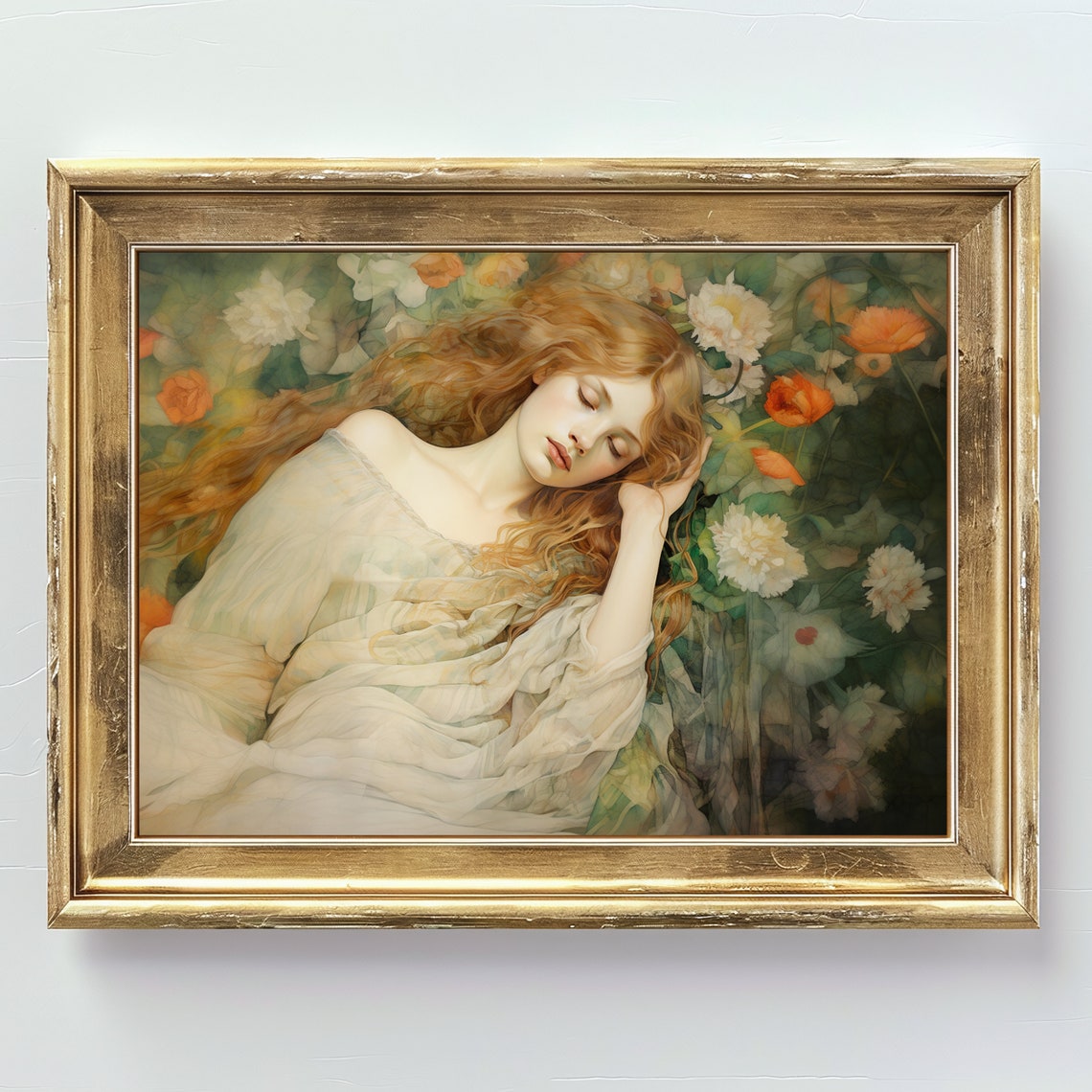Watercolor Wall Art Portrait Of Girl Asleep In Flowers Boho Floral Girl Painting Romantic Art Neutral Decor Wall Art - Image 3