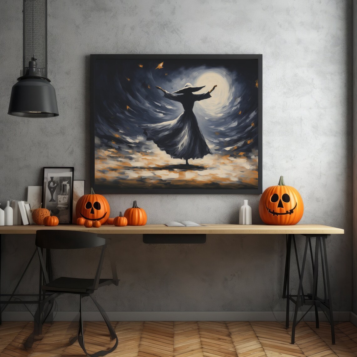 Witch Under The Moon, Rustic Fall Halloween Art - Image 3