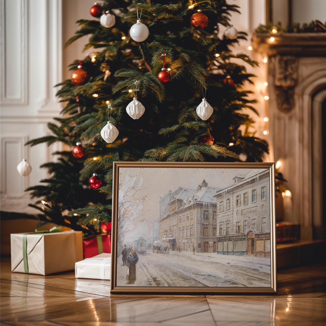 Vintage European Snowy Street With Horse Carriage Winter Poster - Image 3