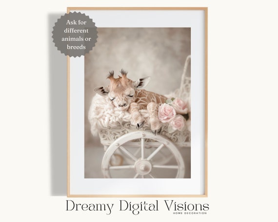 Vintage Style Baby Giraffe Asleep In Pram Nursery Print Baby Shower Gift Baby Room Decor Nursery Decor Cute Animal Wall Art