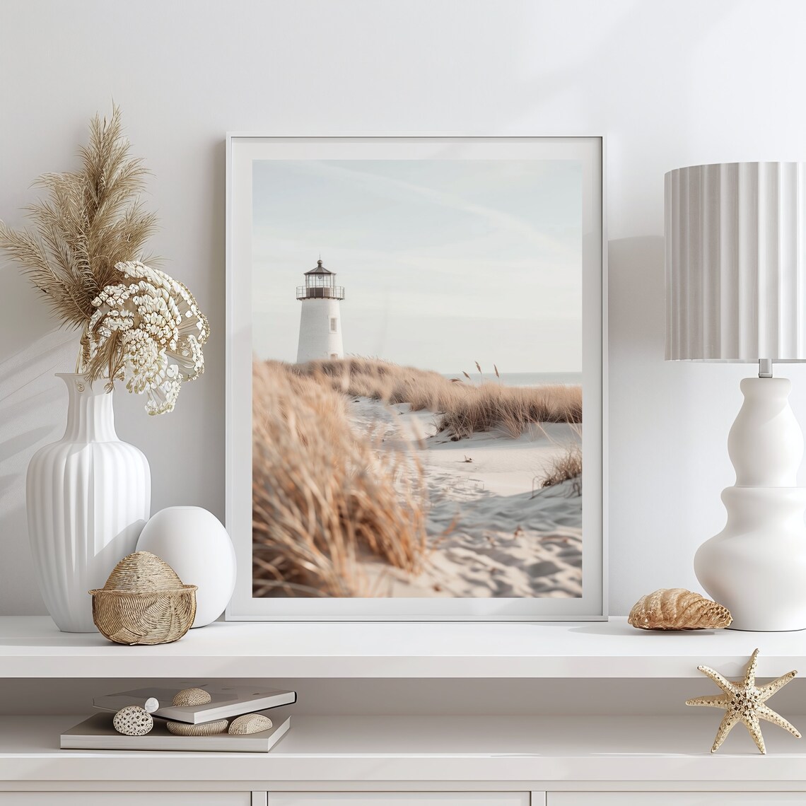 Neutral Lighthouse Beach Painting, Coastal Wall Art - Image 3